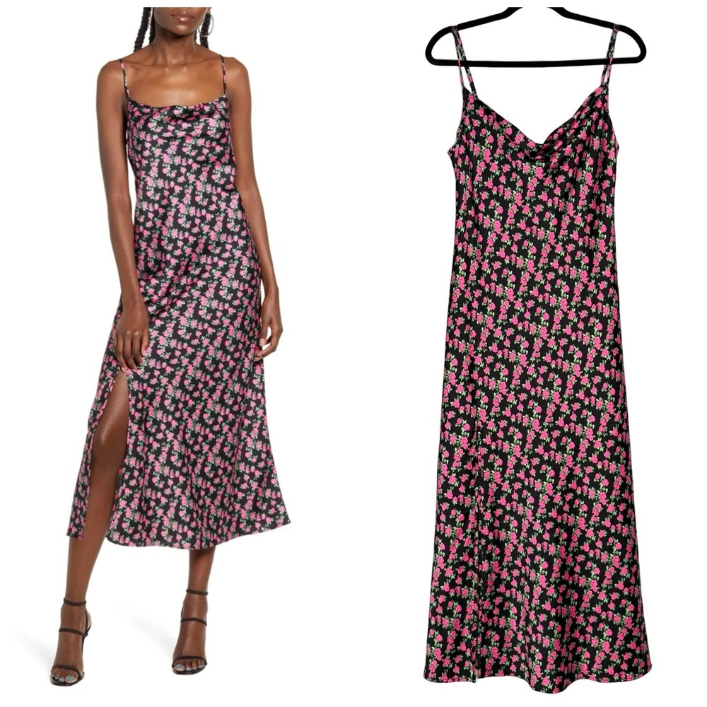WAYF Floral Satin Slip Midi Dress Large Black Side Slit Cowl Neck